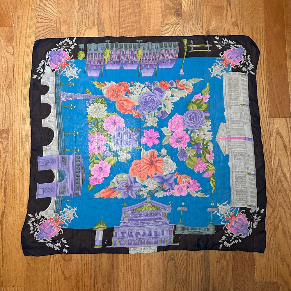 Leonard Paris Floral and Architectural Print Silk Scarf Women’s Size 32” X 35”